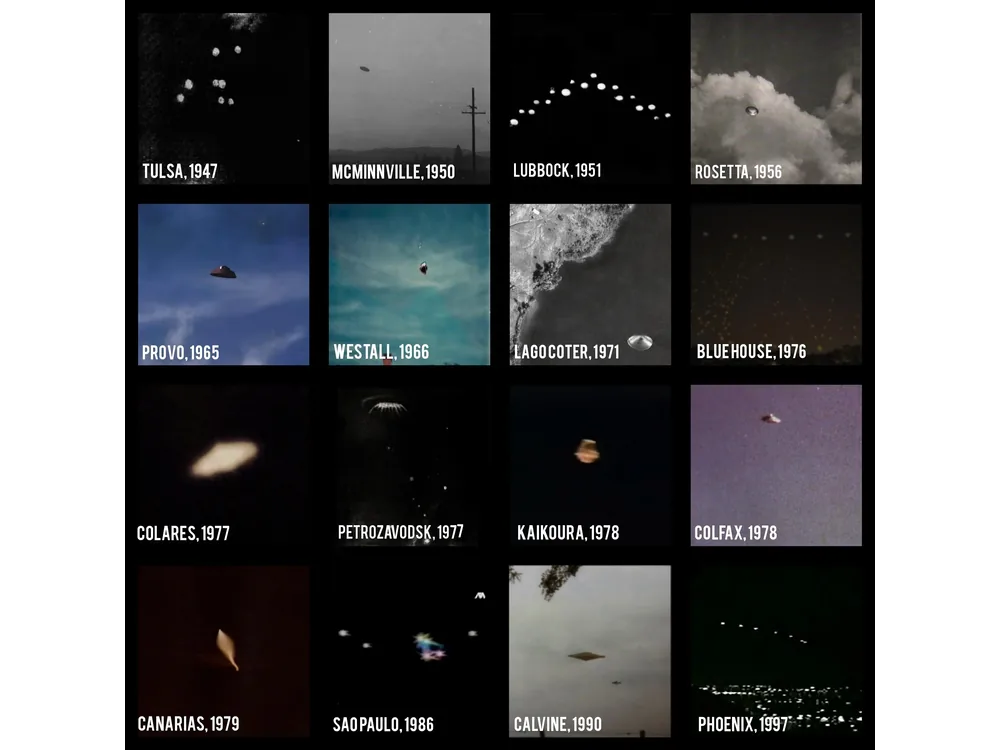 A compiled grid of sixteen captioned UFO photographs spanning fifty years, from Tulsa in 1947 to Phoenix in 1997.