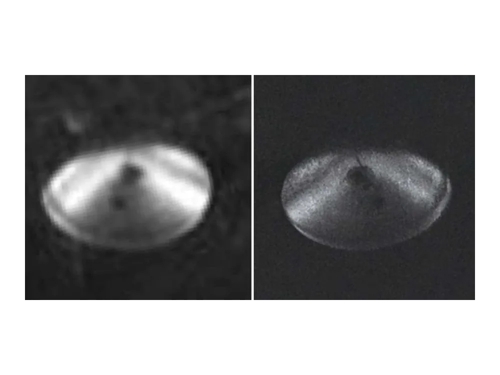 Two side-by-side enlargements of the same domed disc from the aerial survey frame.