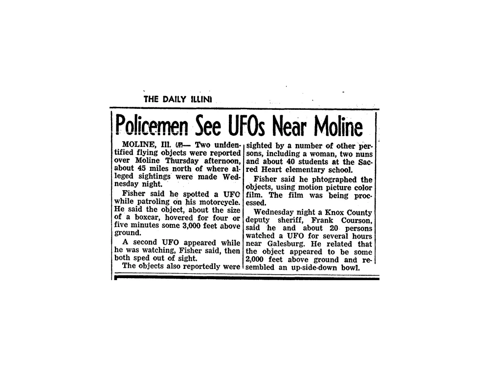 Newspaper column headlined 'Policemen See UFOs Near Moline'.
