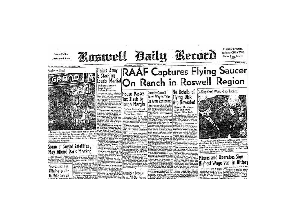 Newspaper front page headlined 'RAAF Captures Flying Saucer On Ranch in Roswell Region'.