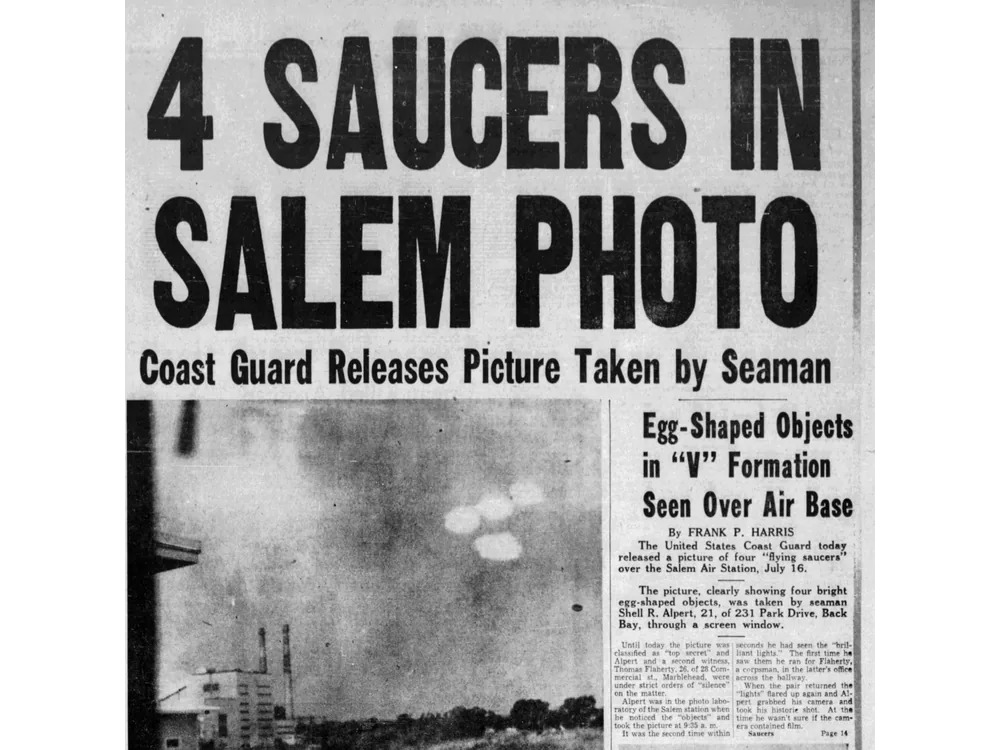 Newspaper page headlined '4 Saucers in Salem Photo', reproducing a Coast Guard photograph of four lights over a rooftop.