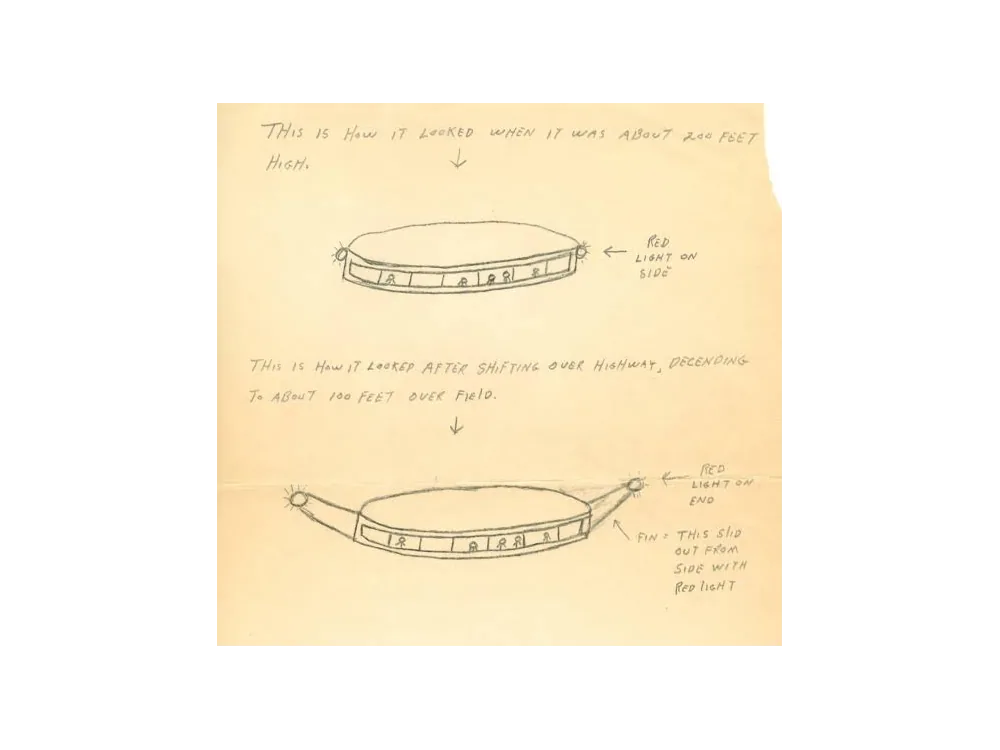 Handwritten note with two pencil drawings of an oval craft, annotated with its height above the road.