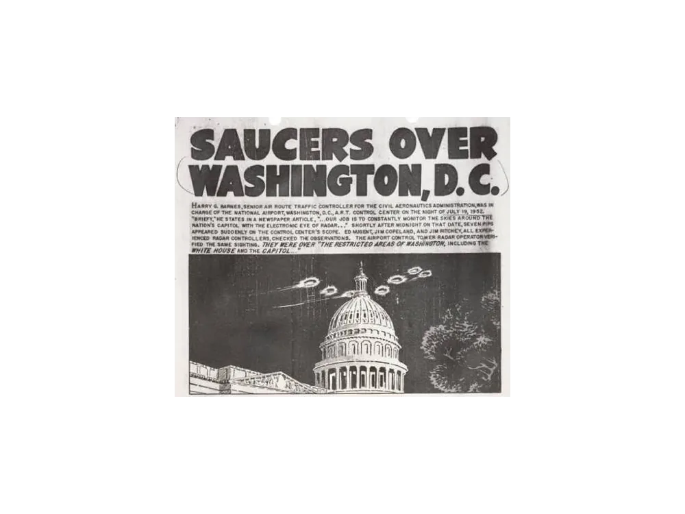 Newspaper page headlined 'Saucers over Washington, D.C.' above an illustration of lights over the Capitol.
